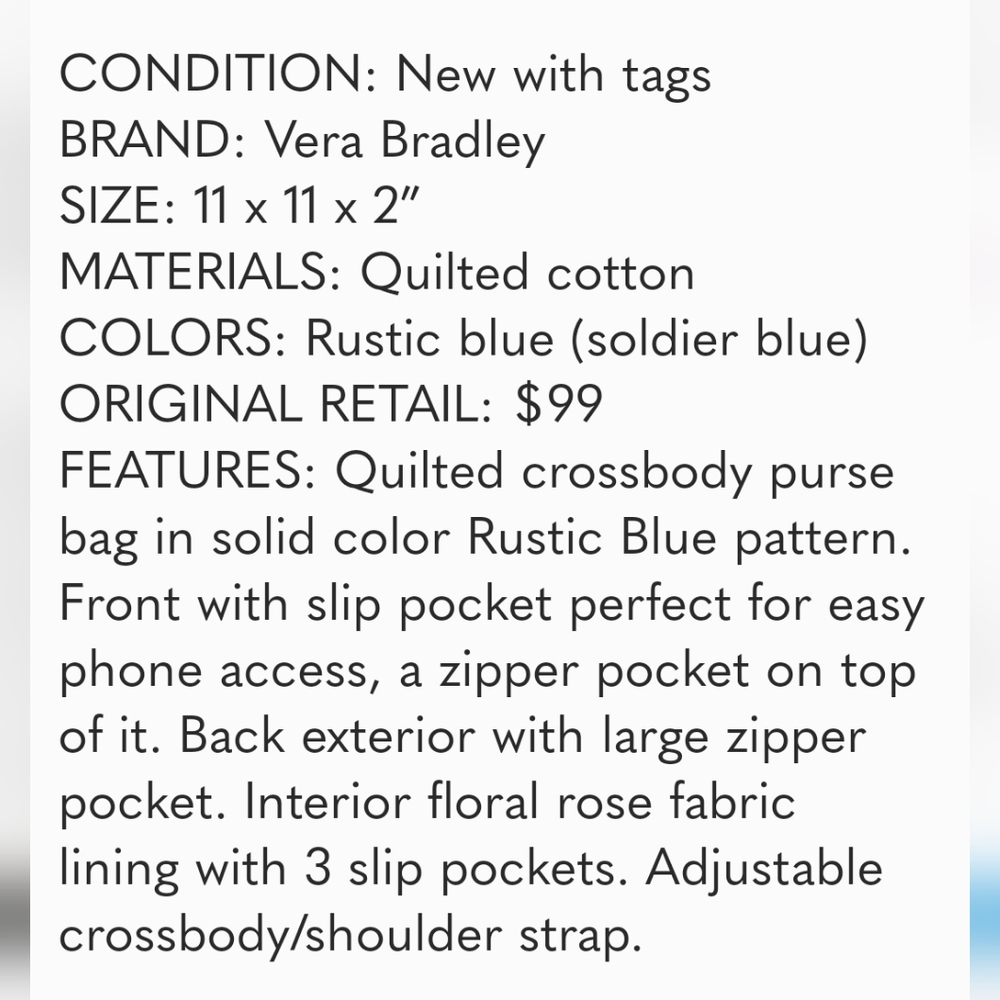 ๐ Vera Bradley Soft Quilted Crossbody Hipster Zip Closure Bag Light Blue, NEW - Picture 7 of 8